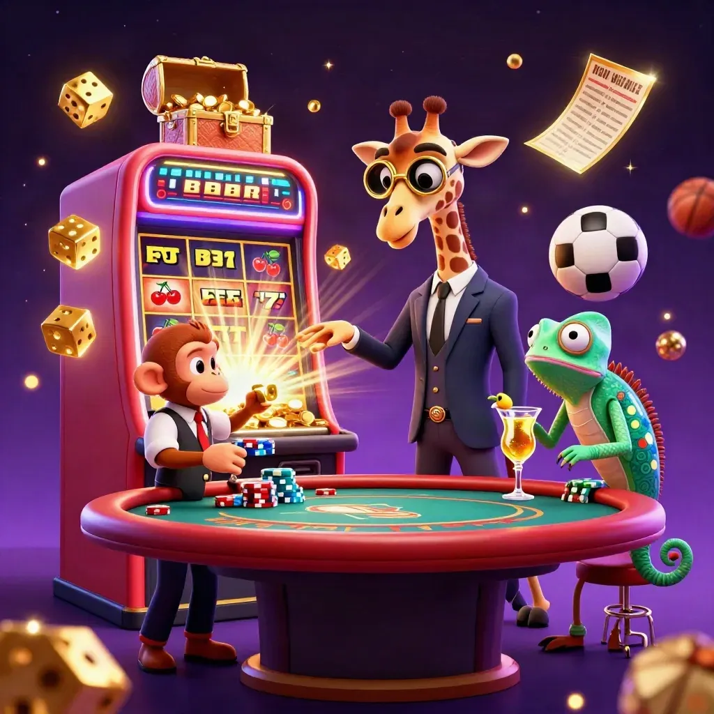 Low-angle casino key art: giraffe high roller, monkey valet, chameleon bartender, flying sports props.