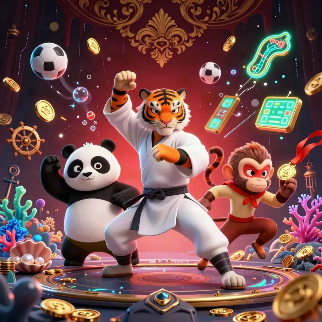 Kung-fu tiger, panda, and monkey in a neon treasure cove with sports betting symbols.