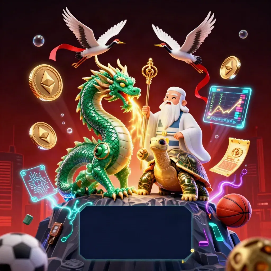 Jade dragon, turtle sage, cranes, coins and sportsbook effects in a neon-lit fantasy burst.