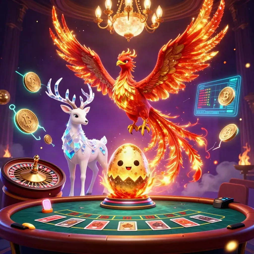 Phoenix, baby phoenix, stag, casino room, neon coins, roulette wheel, chandelier, magical smoke
