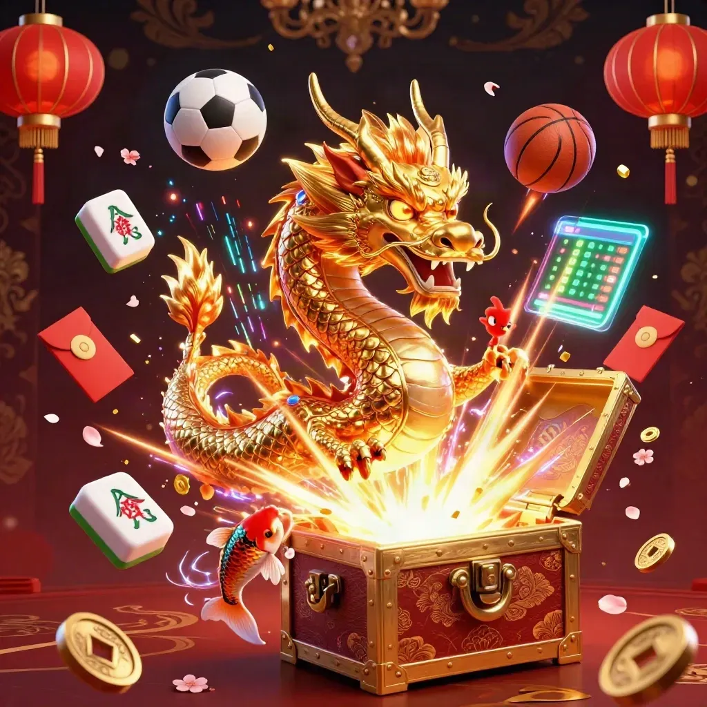 Golden dragon, phoenix, koi, and casino props burst in a luxe neon sports-betting scene.