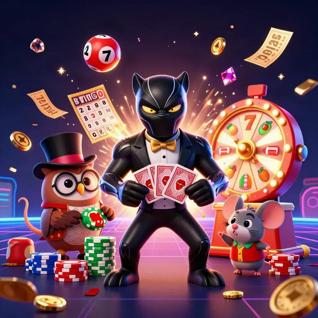 Black panther, owl, and mouse deal cards amid casino chips, neon lights, and fireworks.