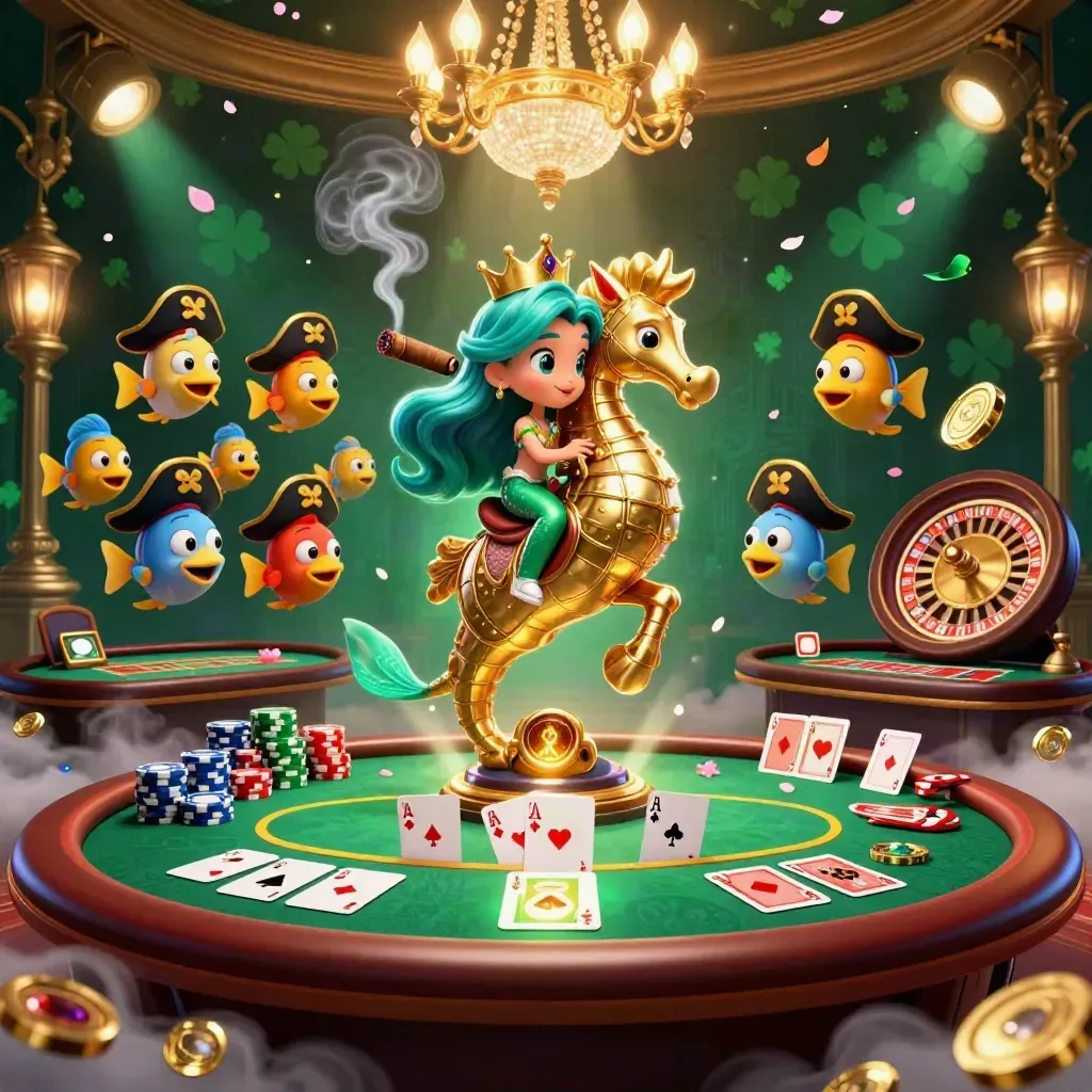 Mermaid princess on armored seahorse in a casino room, with poker, roulette, and glowing runes