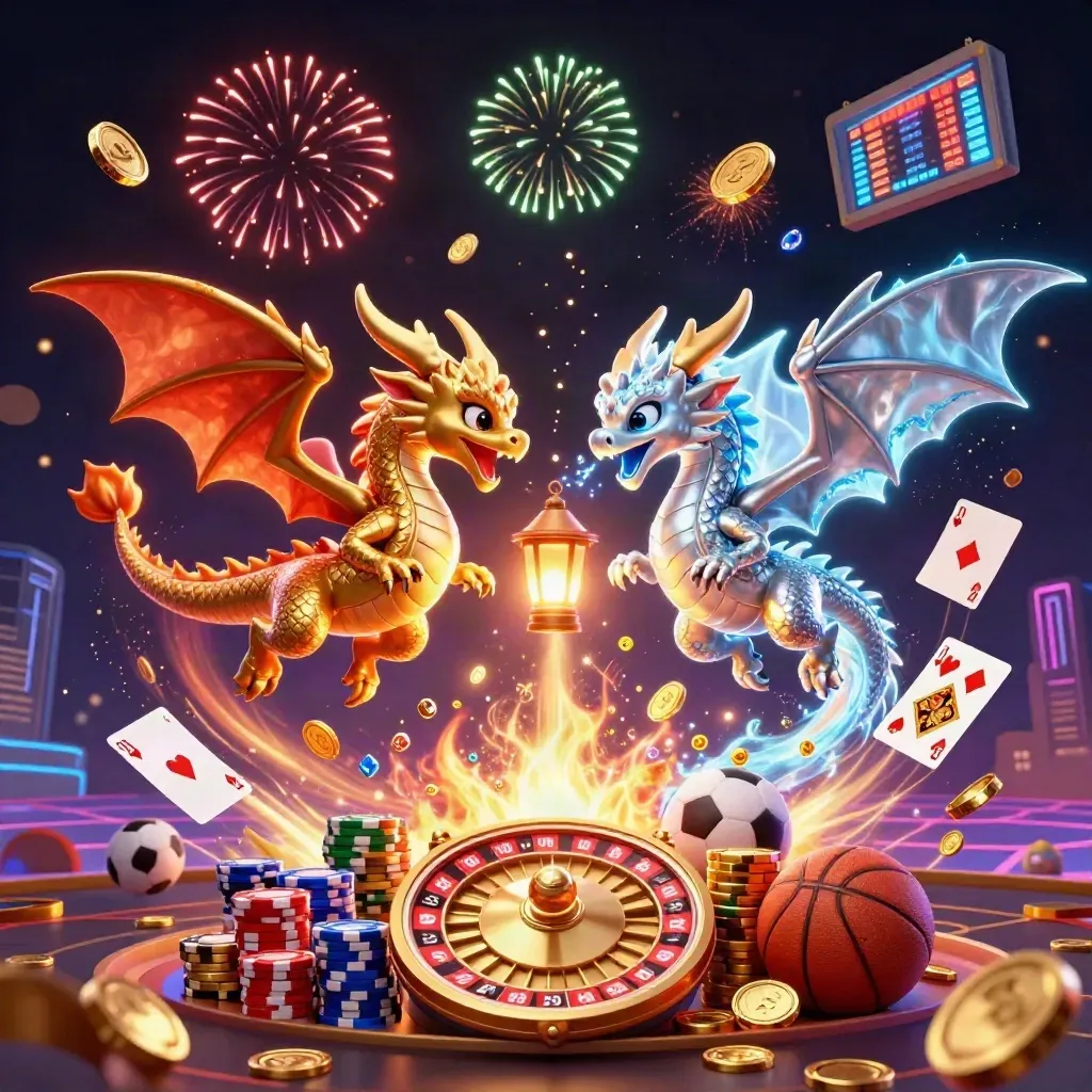 Gold and silver dragons swirl through coins, gems, chips, and sports props in neon casino light.