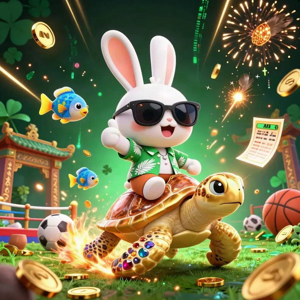 Cartoon rabbit rides a jeweled turtle amid coins, fireworks, and betting-themed treasure
