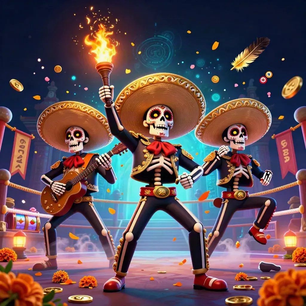 Day-of-the-Dead skeleton mariachi trio in a neon casino scene with reels, coins, and a temple gate.